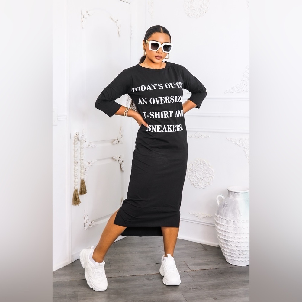 Black Midi dress today outfit is an oversized tee and sneakers type - Picture 4 of 4